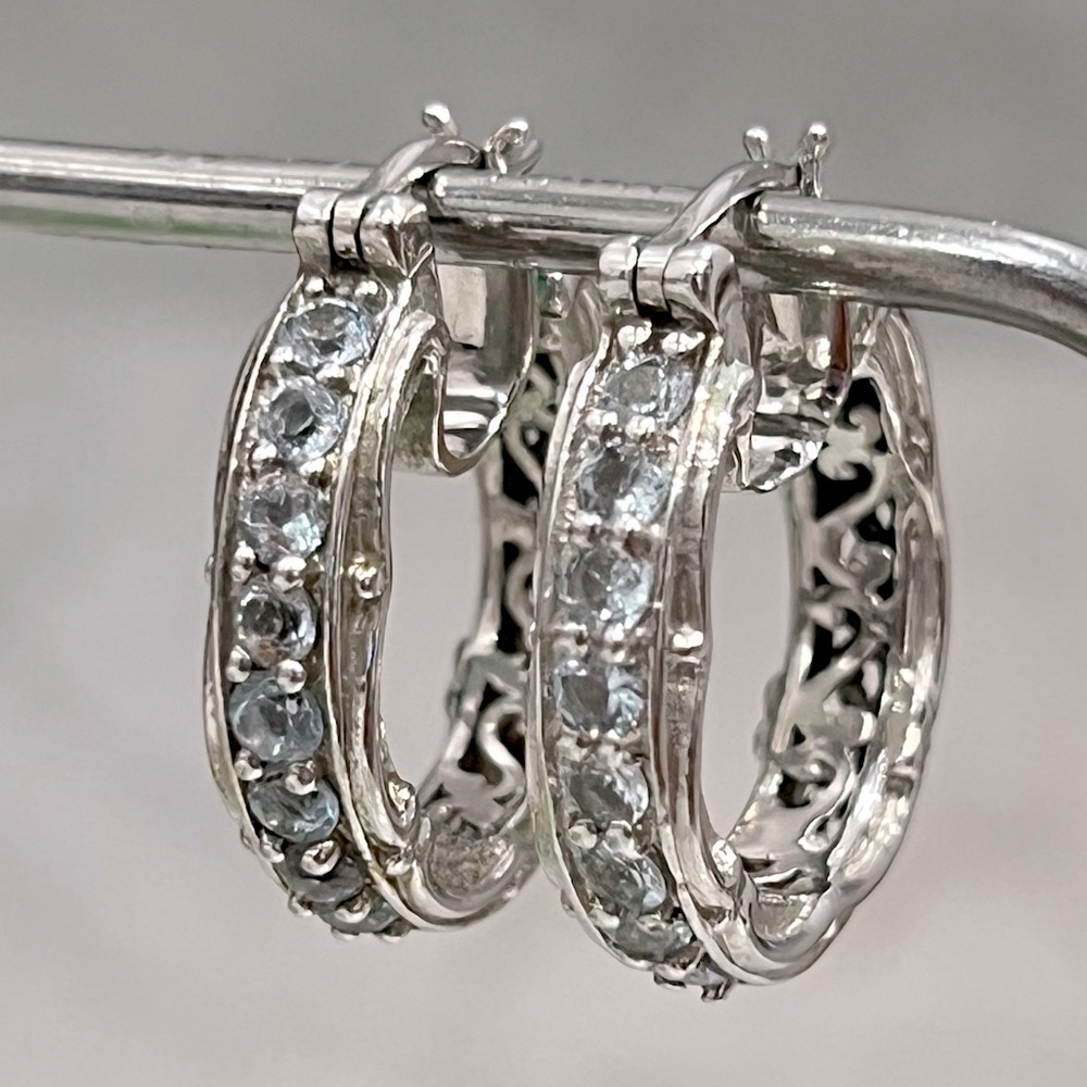 Sky Blue Topaz Silver Scroll Detailed Hoop Earrings - Picture 6 of 14
